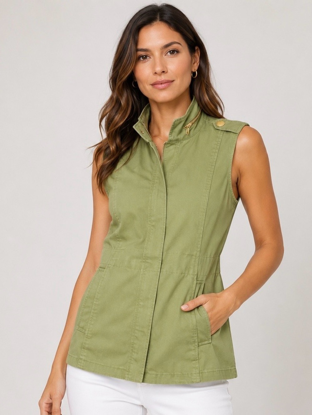 Cabi Olive Green Explorer Utility Vest Military Safari Zip Front Size Small